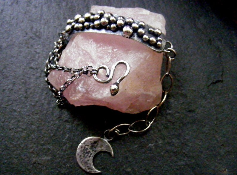 Silver Balls Rustic bracelet with crescent moon charm Oxidised silver bracelet