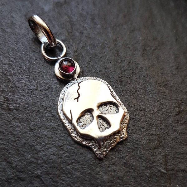 Silver Skull Necklace with textured layers and garnet  Sterling Skull pendant with silver chain