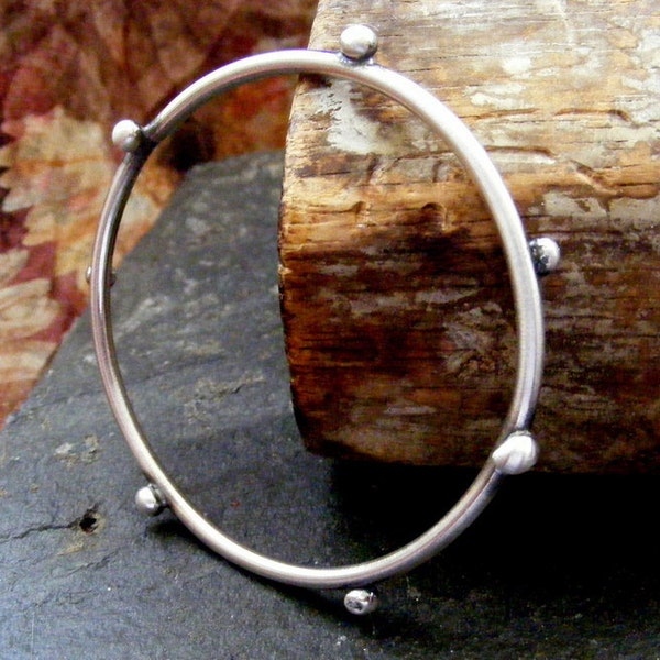 Rustic Silver Bangle with silver balls Brushed Silver Bracelet with silver buds