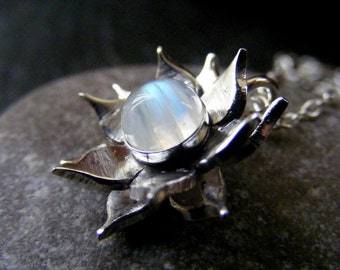 Silver Lotus Flower Moonstone Pendant necklace with Sterling cable chain