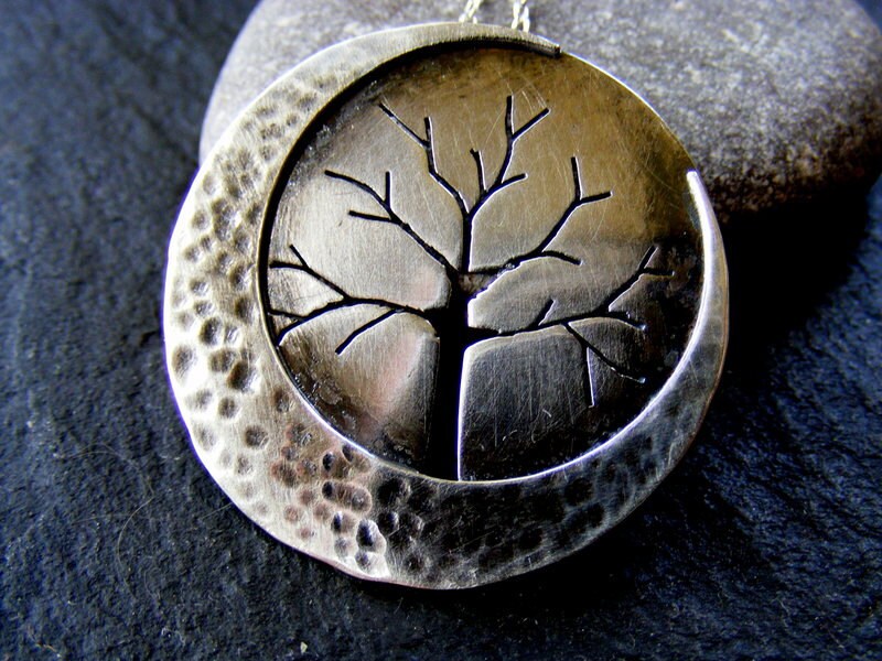 Silver Large Crescent Moon Tree Pendant With Hammered Detail and Silver ...