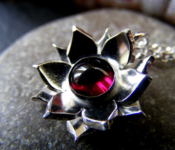 Silver Lotus Flower Garnet Pendant necklace with Sterling cable chain