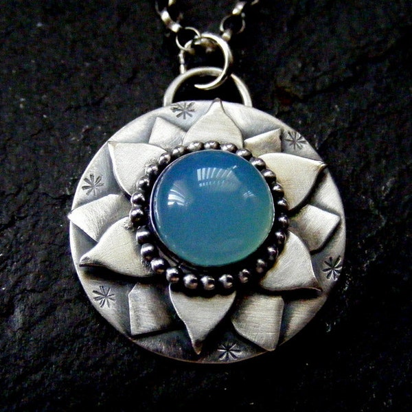 Silver Lotus Flower pendant with blue chalcedony  necklace Silver  Water Lily Pendant