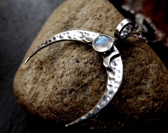 Silver Crescent Moon Hammered  moonstone Pendant with triplemoon detail Textured moon necklace with chain