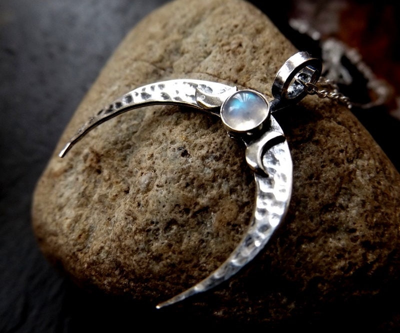 Silver Crescent Moon Hammered Moonstone Pendant With - Moonstone Triple Moon Pendant Silver Crescent Moon Hammered Moonstone Pendant With - Moonstone Triple Moon Pendant
