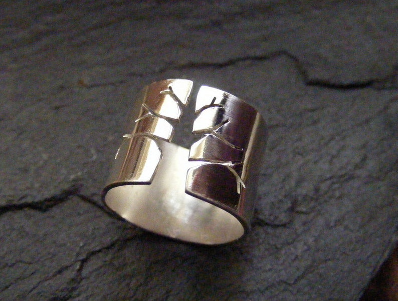 Silver wide band ring with tree design Sterling Statement wide band ring image 4