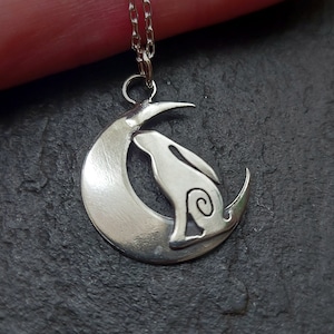 Small Silver Hare and moon necklace ,pendant Hare crescent moon pendant in sterling silver