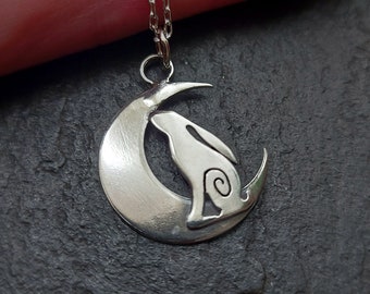 Small Silver Hare and moon necklace ,pendant Hare crescent moon pendant in sterling silver