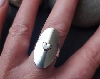 Silver simple heart ring , oval shield ring in sterling silver