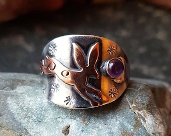 Silver moon and copper hare ring with amethyst , leaping hare saddle ring with crescent moon and stars