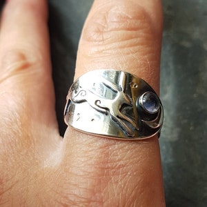 Silver moon and hare ring with moonstone  , leaping hare saddle ring with crescent moon and stars