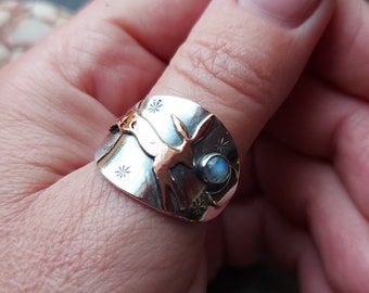 Silver moon and copper hare ring with moonstone , leaping hare saddle ring with crescent moon and stars