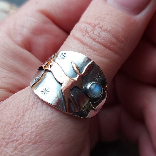 Silver moon and copper hare ring with moonstone , leaping hare saddle ring with crescent moon and stars