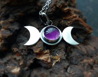 Silver Triple Moon with Amethyst Crescent Moon Celestial Pendant
