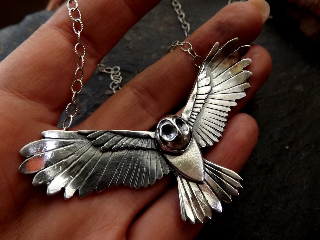 Silver Owl Necklace , Large Silver Flying Owl Pendant With Textured