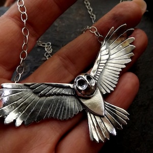 Silver owl necklace , large silver flying owl pendant with textured details