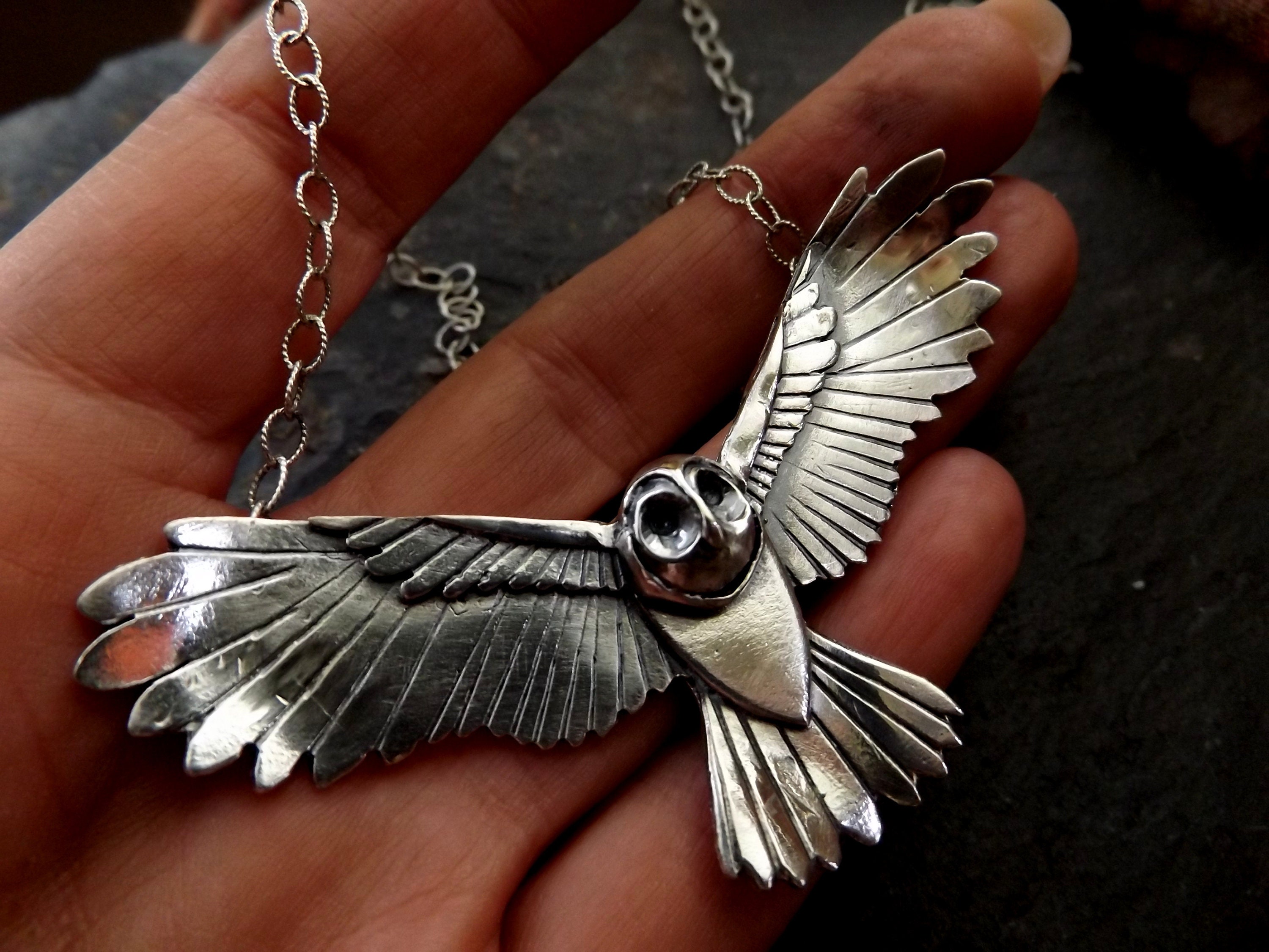 Silver owl necklace , large silver flying owl pendant with textured details