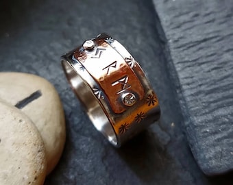 Silver and copper star textured rune ring with rivets , starry rune ring
