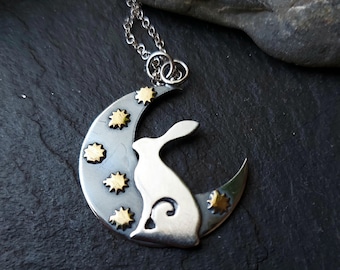 Silver Crescent Moon  with moon gazing hare and little brass stars  Pendant necklace large crescent moon pendant with chain