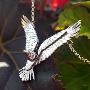 Silver raven necklace, flying sterling raven necklace with textured details