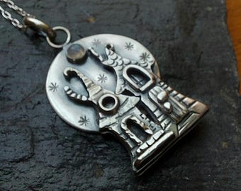 Silver old house necklace with crescent moon, moon pendant with miniature houses