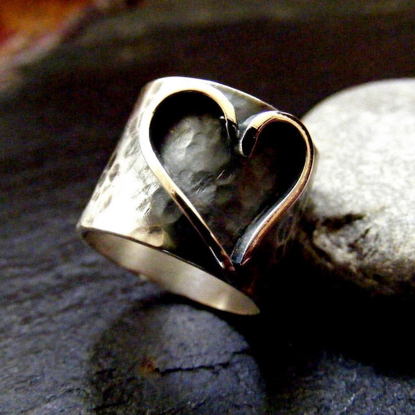 Silver Heart ring hammered band Sterling Statement wide band heart ring