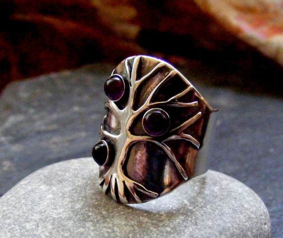 Silver Tree of Life Ring with Amethyst  Saddle ring with tree design