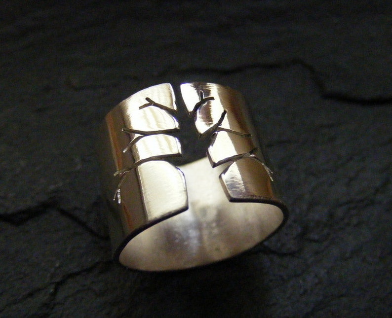 Silver wide band ring with tree design Sterling Statement wide band ring image 2