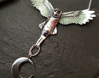 Silver Handmade owl , with crescent moon drop flying sterling owl necklace in sterling silver