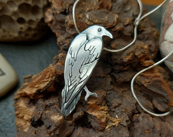 Silver large raven / crow necklace, sterling  bird necklace with sawn and stamped details