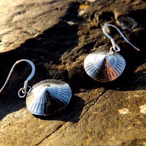 Sterling silver shell limpet  style drop earrings, beach inspired textured oxidised dangle earrings