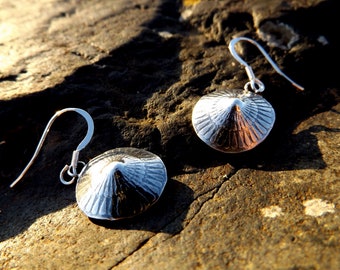 Sterling silver shell limpet  style drop earrings, beach inspired textured oxidised dangle earrings