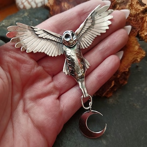 Silver Handmade owl , with crescent moon drop flying sterling owl necklace in sterling silver