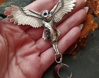 Silver Handmade owl , with crescent moon drop flying sterling owl necklace in sterling silver