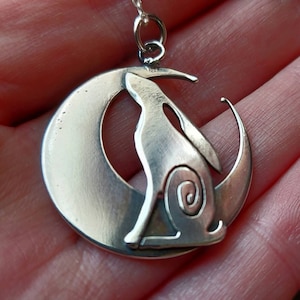 Silver Hare and moon necklace ,pendant Hare crescent moon pendant in sterling silver