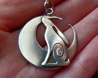 Silver Hare and moon necklace ,pendant Hare crescent moon pendant in sterling silver