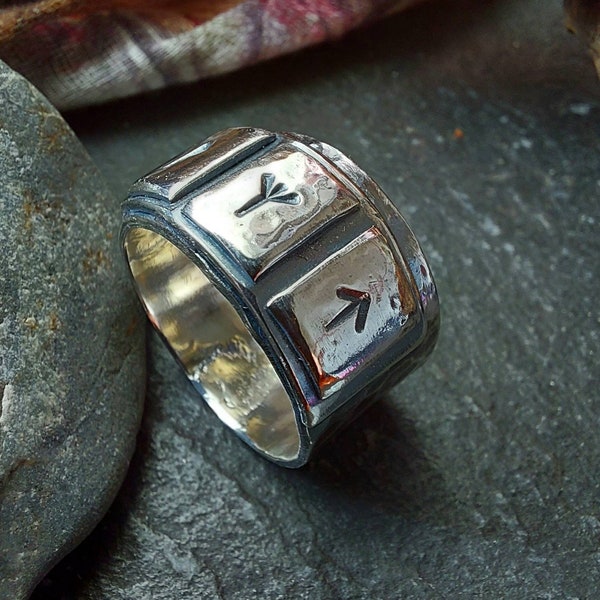 Silver rustic hammered and layered rune ring with oxidized finish, rustic rune ring