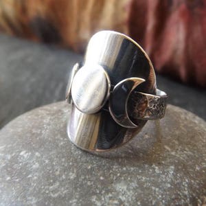 Silver Triple crescent  moon ring , silver saddle ring with crescent moons and textured band