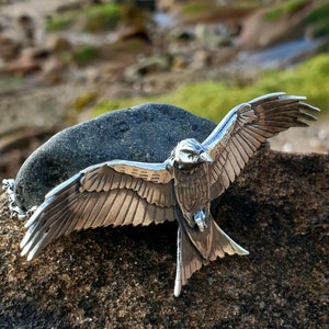 Silver Handmade eagle , red kite pendant , flying sterling eagle necklace with textured details