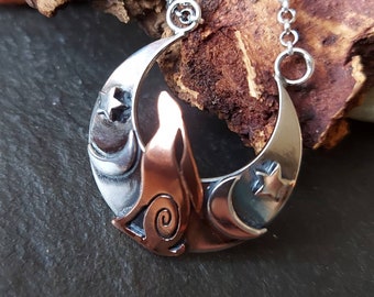 Silver moon and copper hare necklace , inverted moon with silver hare and crescent moons with stars