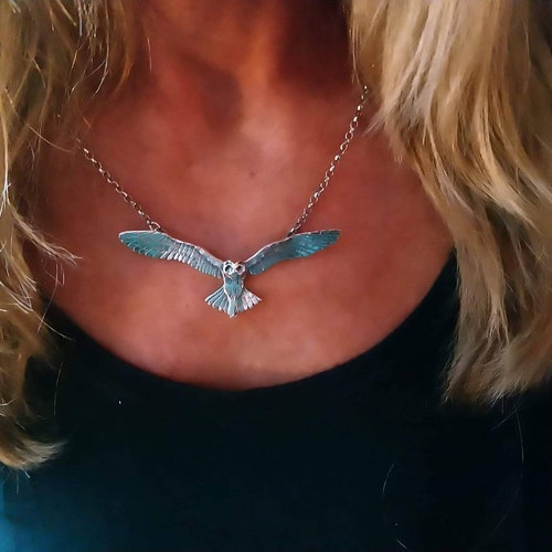 Silver owl necklace, flying sterling shops owl necklace with textured details