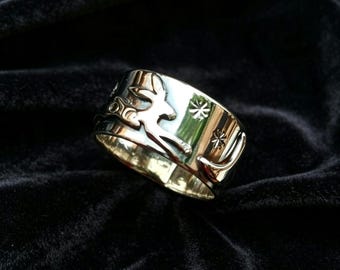 Sterling Silver Hare Crescent Moon Star Ring, Rustic Statement Band