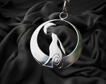 Silver Hare and moon necklace ,pendant Hare crescent moon pendant in sterling silver