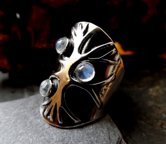 Silver Tree of Life Ring with moonstone Saddle ring with tree design