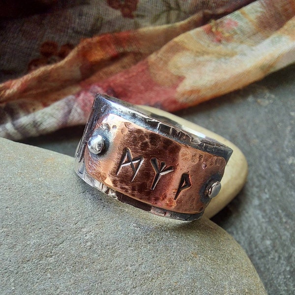 Silver and copper hammered rune ring with rivets , rustic rune ring
