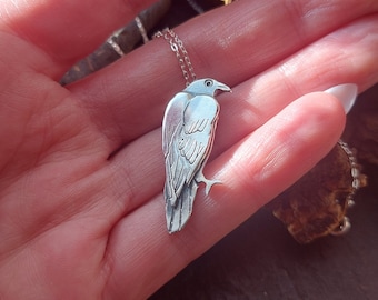 Sterling Silver Raven Necklace, Hand Sawn Textured Bird Pendant, 18 Inch Chain