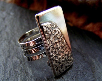 Silver textured statement ring oxidized and highly polished, Sterling hammered ring