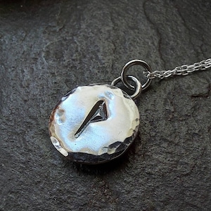 Silver rune charm necklace with hammered finish , chunky rune pendant