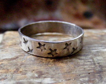 Silver Star textured ring with hand stamped stars for stacking