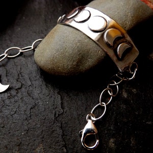 Silver moon phase bar bracelet with clasp and moon charm , sterling silver moon bracelet